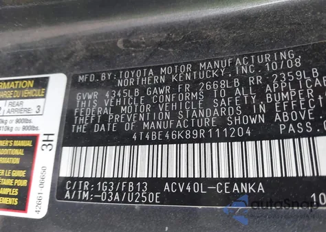 2009 Toyota Camry Le из США, поврежденный, VIN 4T4BE46K89R111204